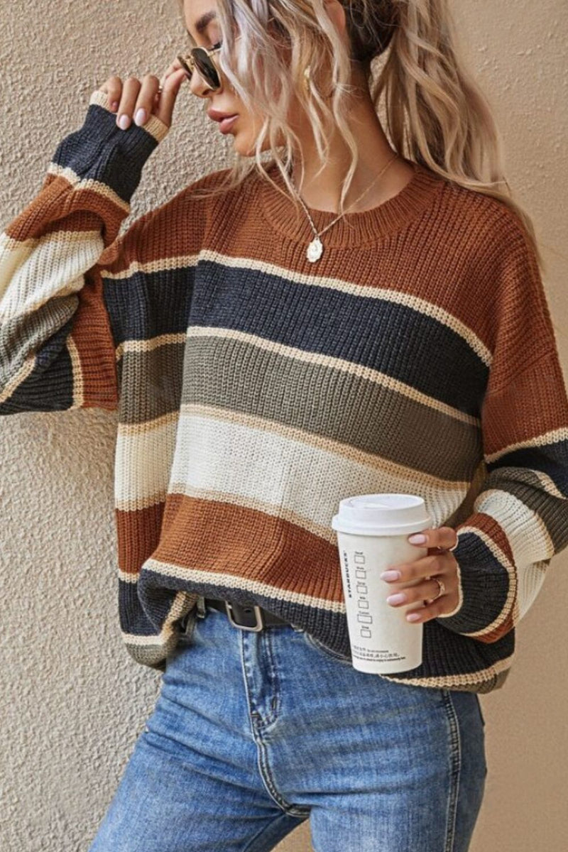 Contrast Striped Round Neck Long Sleeve Sweater