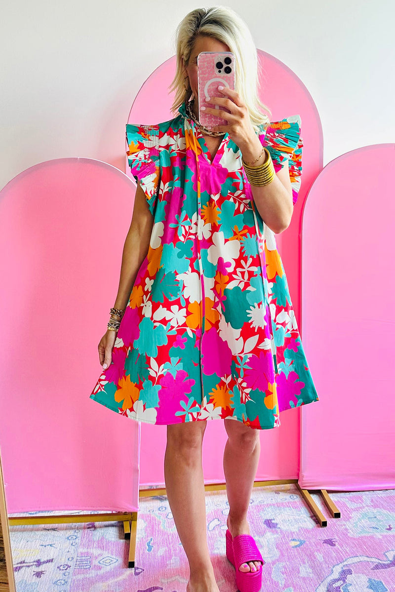 Multicolour Floral Tie Split Neck Flutter Sleeve Mini Dress