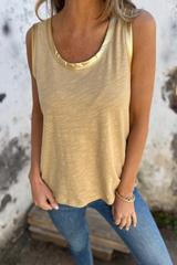 Tan Contrast Trim Round Neck Tank Top