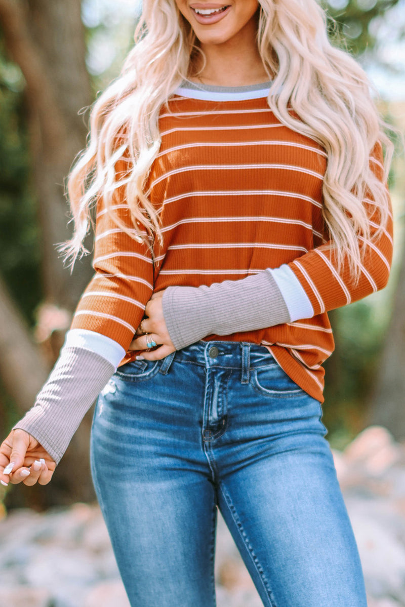 Brown Contrast Spliced Colorblock Cuffed Rib Knit Top