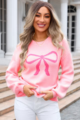 Pink Bow Round Neck Pullover Sweater