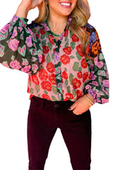 Red Colorblock Floral Print Puff Sleeve Shirt