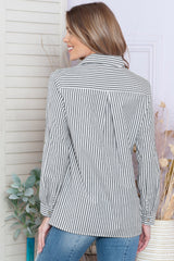 Blue Striped Chic Pockets Roll Up Sleeve Buttons Front Shirt