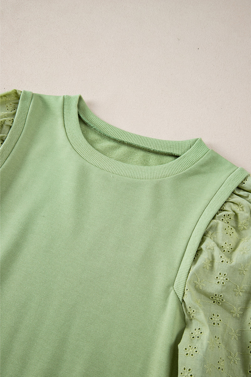 Mist Green Eyelet Embroidered Sleeve Patchwork Ribbed Sweatshirt