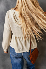 Apricot Waffle Casual Button Ruffle Knit Hoodie