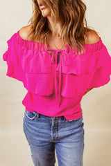 Rosy Lace Up Off The Shoulder Casual Ruffle Tiered Blouse