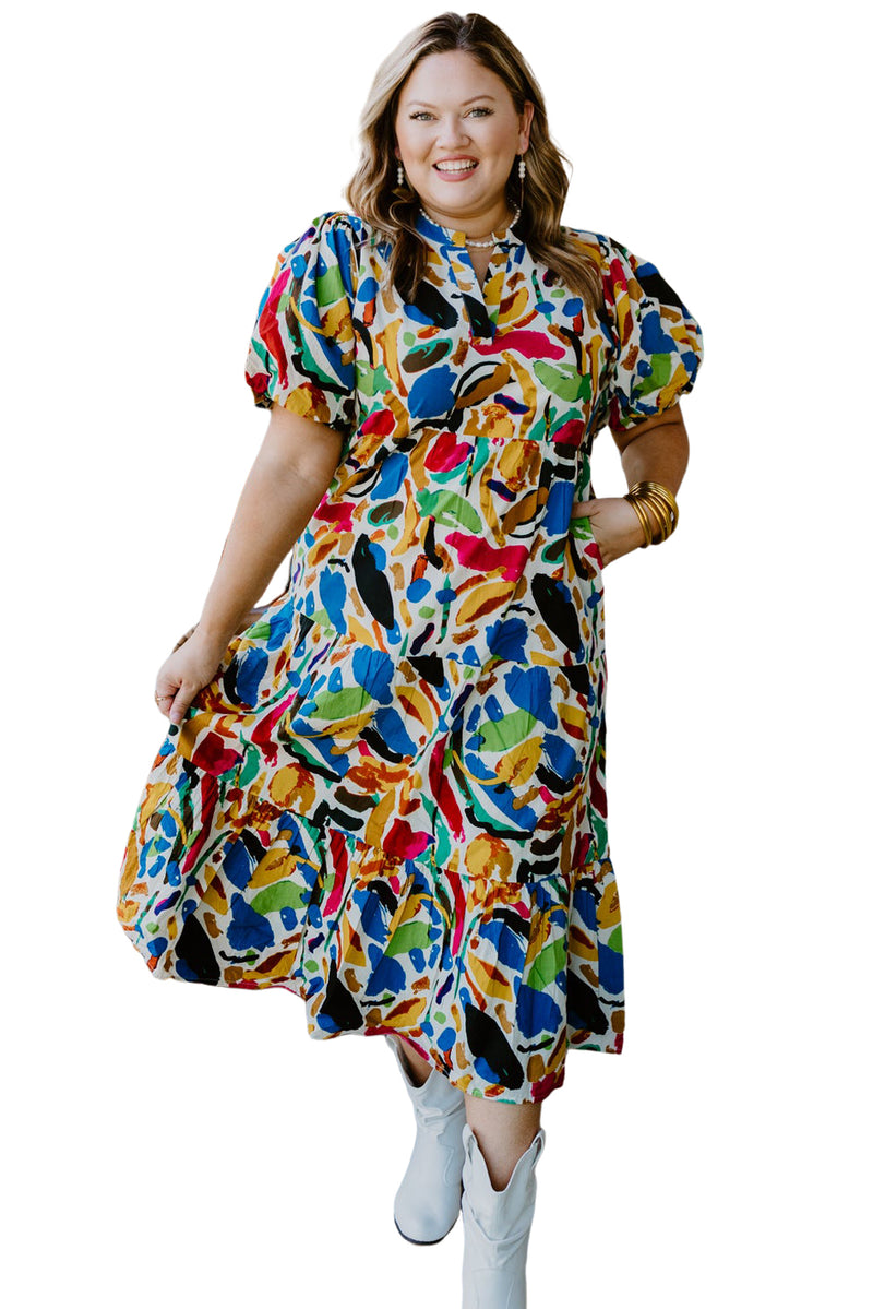 Green Abstract Print Notch Neck Bubble Sleeve Plus Size Dress