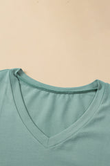 Green Solid Puff Sleeve Casual V Neck T-Shirt