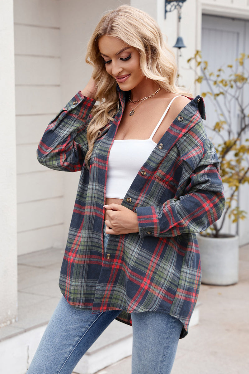 Dark Blue Plaid Chest Pocket Button Front Shirt