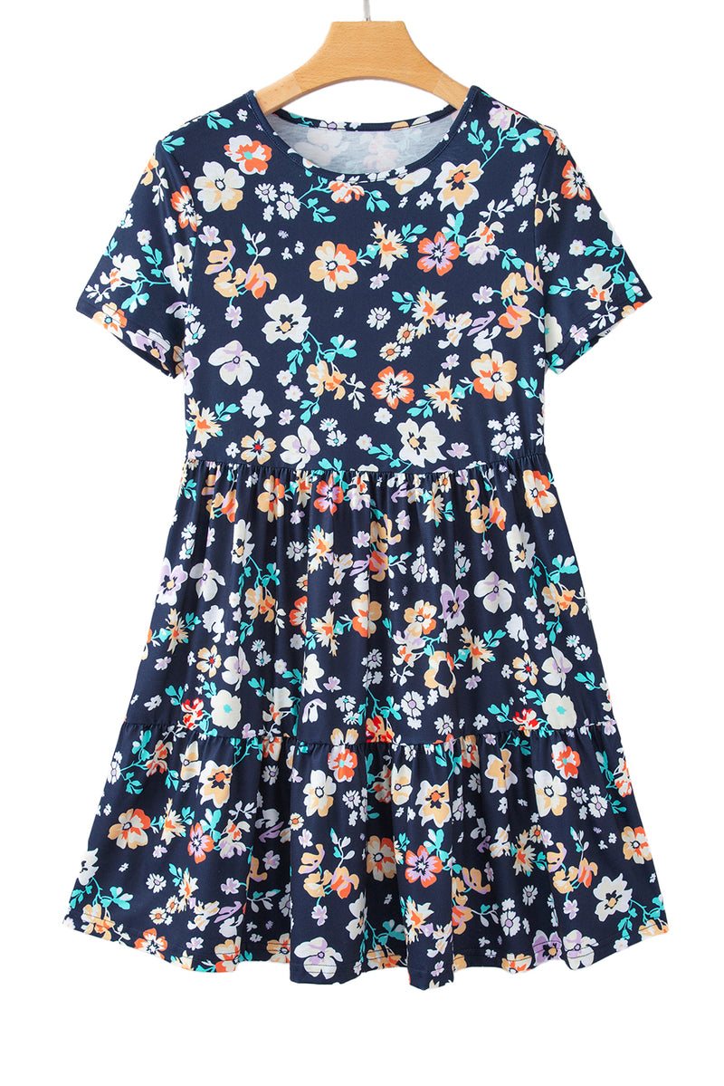 Blue Boho Floral A Line Smocked Waist Mini Dress