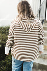 Brown Stripe Drop Sleeve Plus Size Henley Hoodie