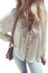 Beige Floral Embroidered Crinkle Puff Sleeve Loose Blouse