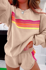 Black Colorful Striped Long Sleeve Pullover and Shorts Set