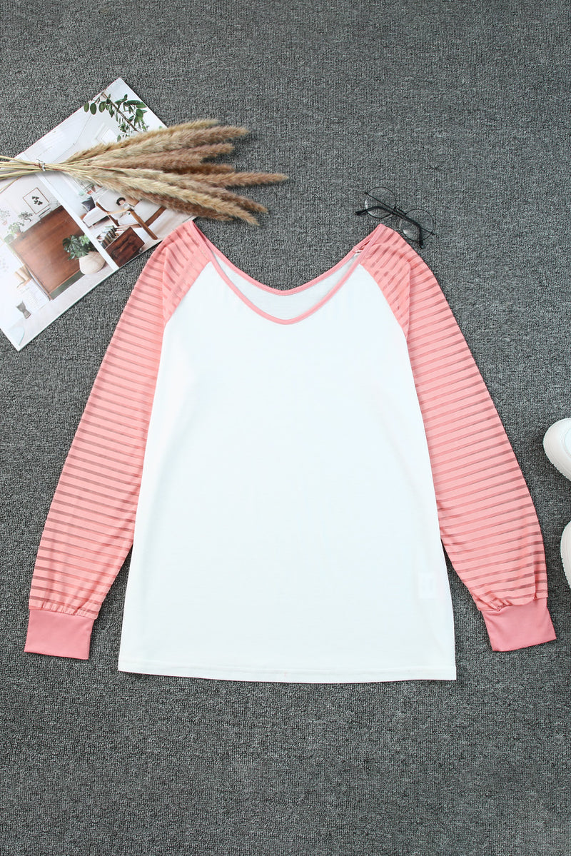 White and Pink V Neck Pullover Long Sleeve Shirt