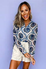 Blue Ethnic Print Button V Neck Loose Shirt