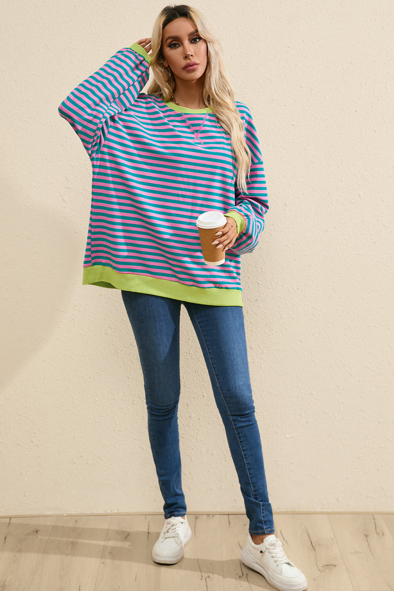 Green Stripe Contrast Edge Oversized Sweatshirt