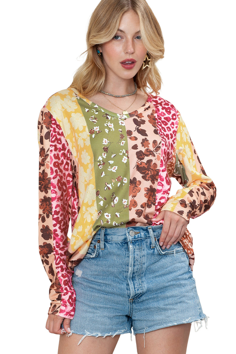 Multicolor Floral and Leopard Print Long Sleeve T Shirt