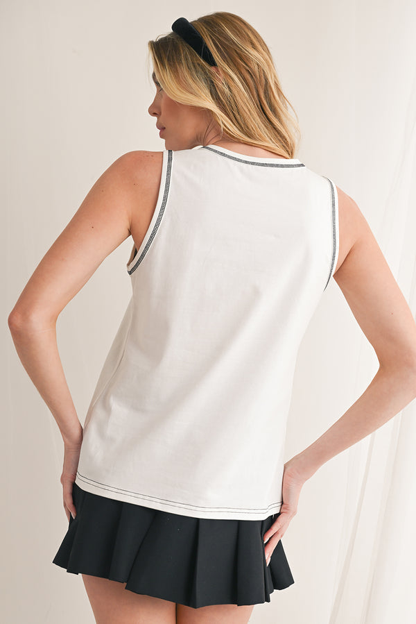 White Sweet Bow Stitching Trim Sleeveless Top