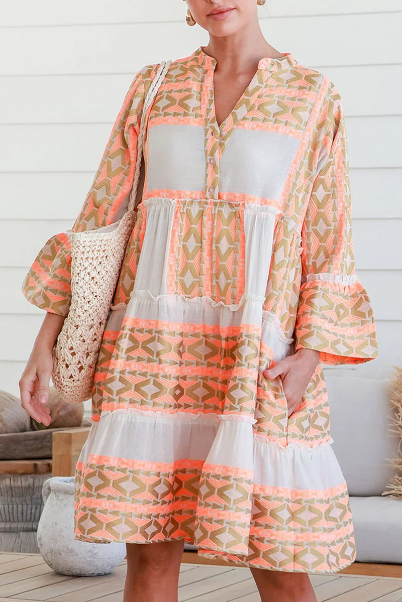 Orange Boho Geometric V-Neck Frill Tiered Mini Dress