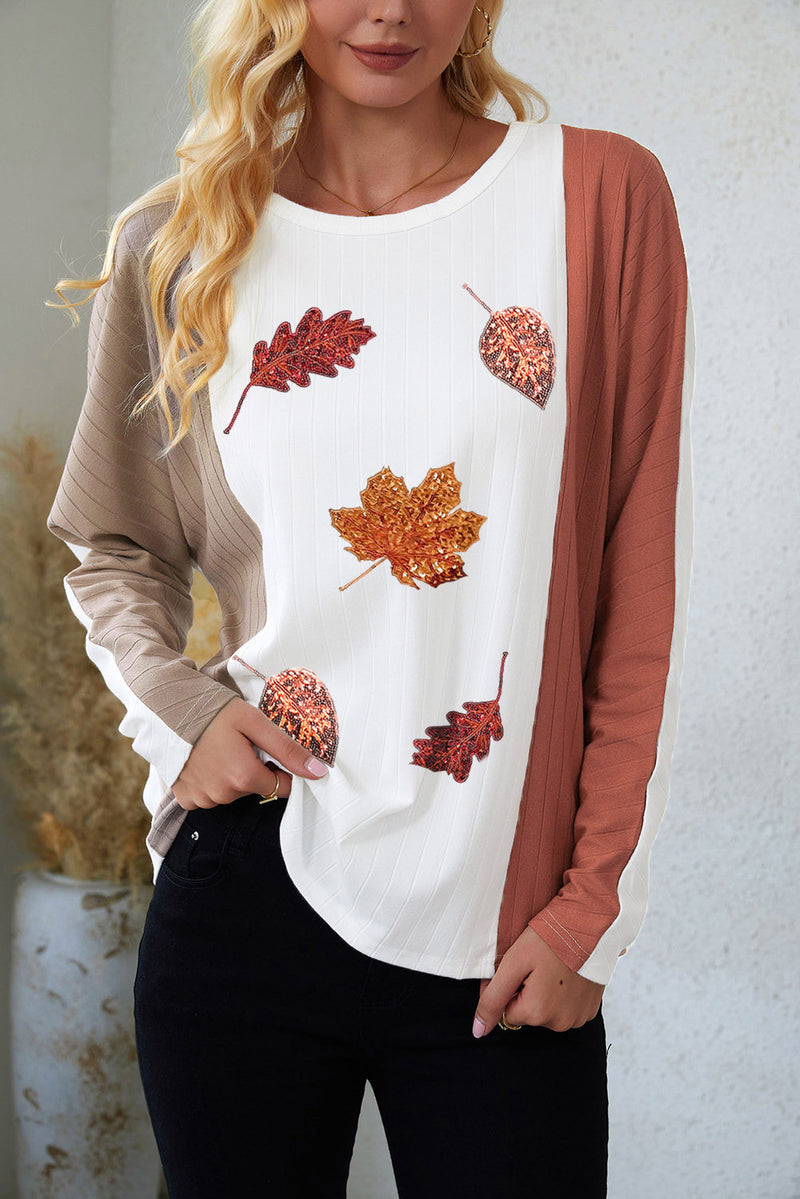 Apricot Colorblock Thanksgiving Sequin Fall Leaves Ribbed Knit Graphic Top