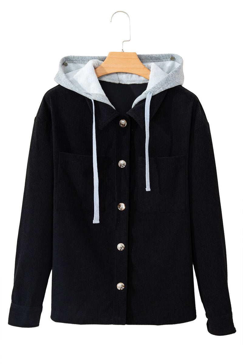 Sail Blue Pockets Drawstring Hooded Corduroy Shacket