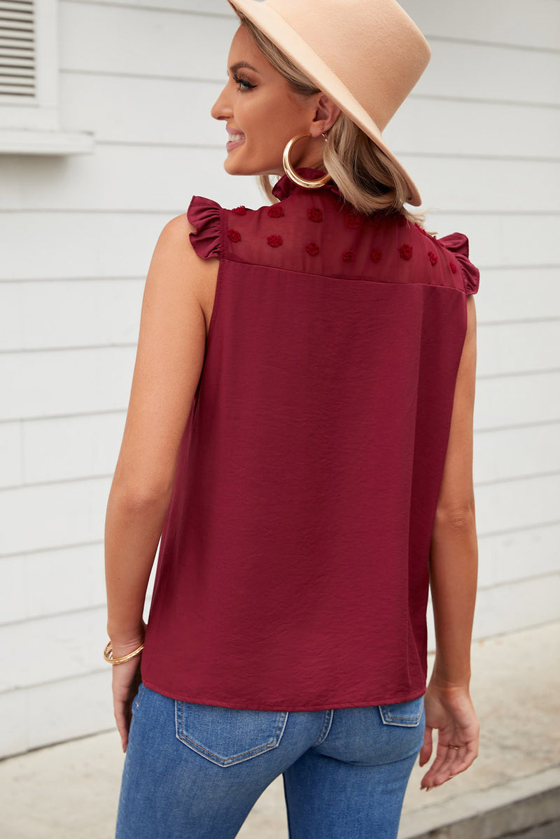 Burgundy Ruffle Trim Swiss Dot Button Closure Sleeveless Shirt