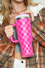 Pink Checkered Print Handled Stainless Steel Tumbler Cup