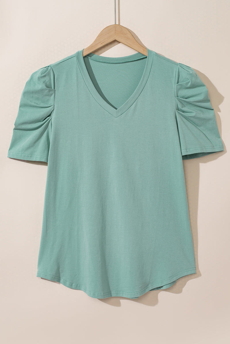 Green Solid Puff Sleeve Casual V Neck T-Shirt