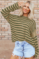 Khaki Casual Stripe Round Neck Drop Shoulder Sweater