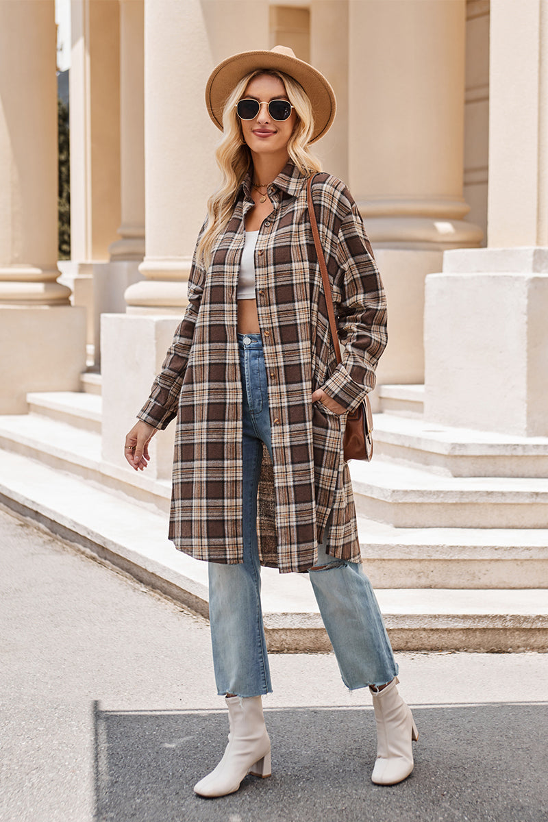 Mandy Plaid Collared Neck Long Sleeve Coat