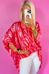 Red Abstract Print V Neck Batwing Sleeve Oversized Blouse