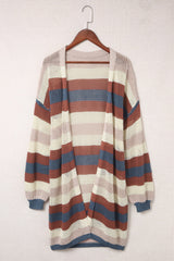 Black Striped Color Block Casual Hollow Cable Knit Cardigan