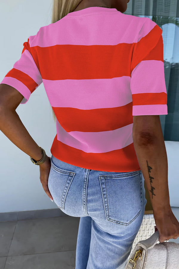 Bright Pink Colorblock Knitted Round Neck T Shirt