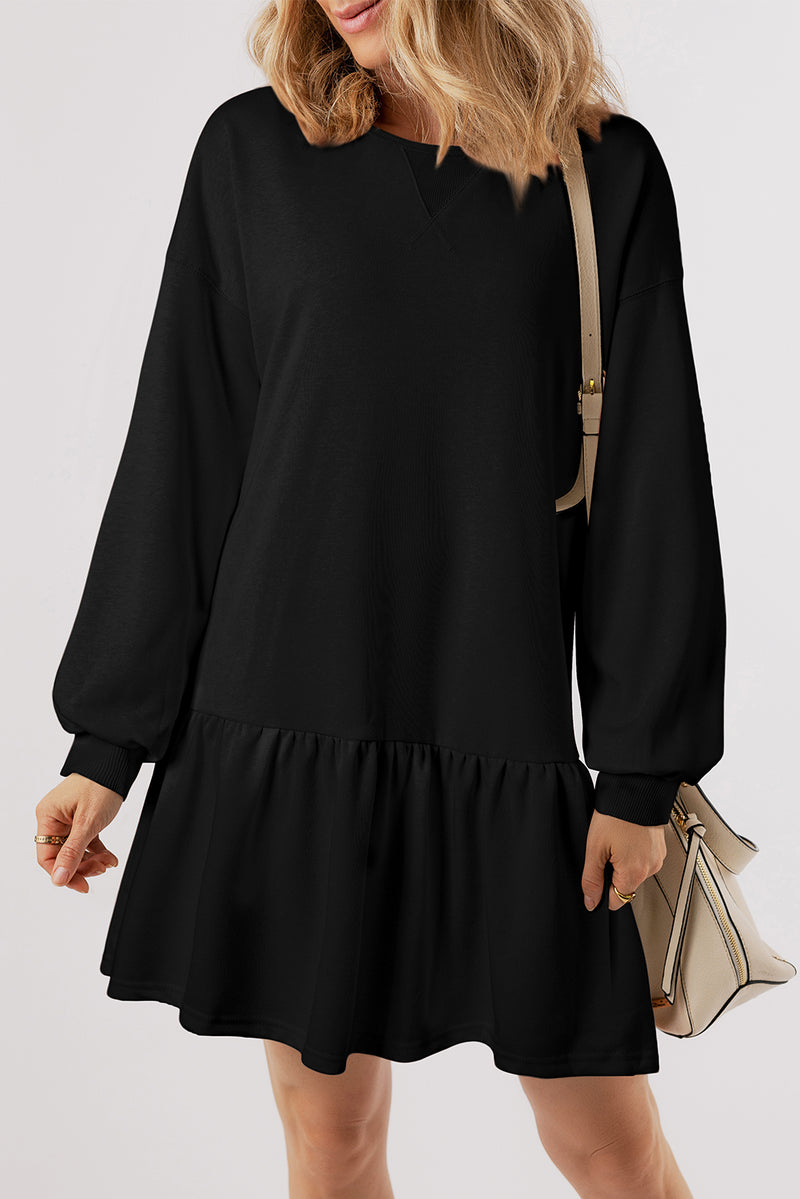 Black Solid Color Ruffle Hem Mini Sweatshirt Dress