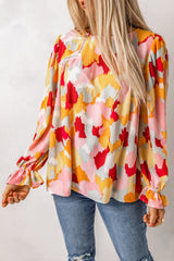 Multicolor Abstract Print Boho Ruffle Puff Sleeve Blouse