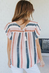 Pink and Blue Stripes Shirt Flutter Sleeve V Neck Blouse for Women