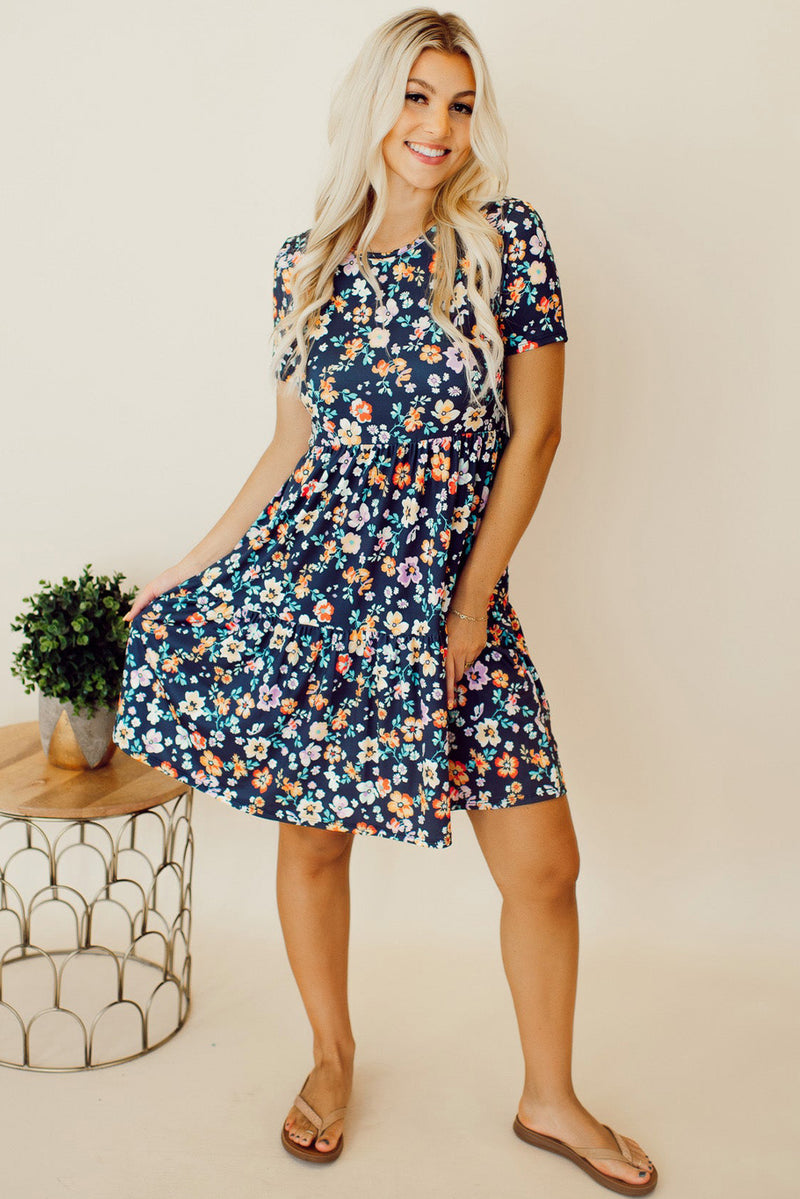 Blue Boho Floral A Line Smocked Waist Mini Dress