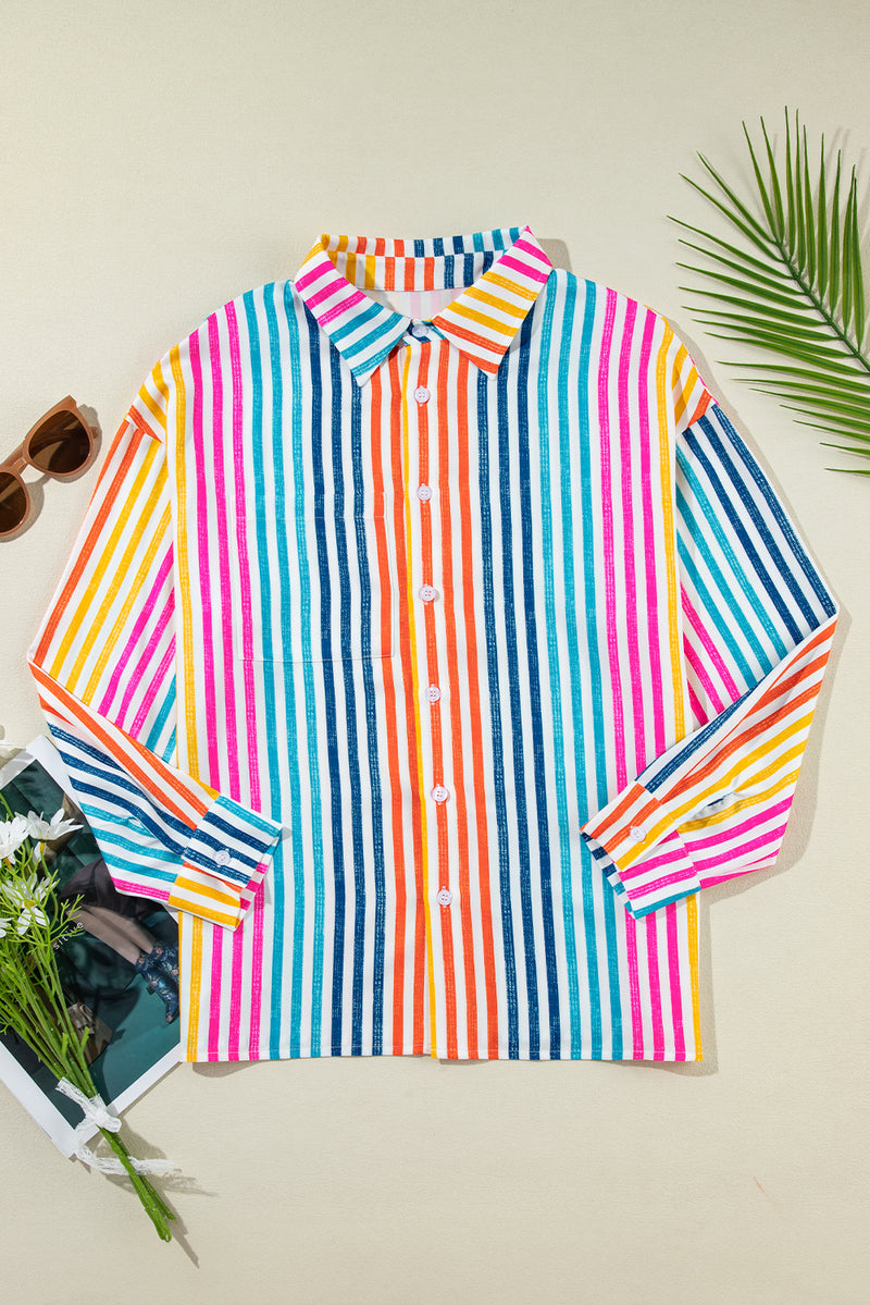 Colorful Striped Patch Pocket Long Sleeve Shirt