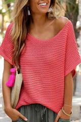 Pink Plain Knit Loose Batwing Sleeve Blouse