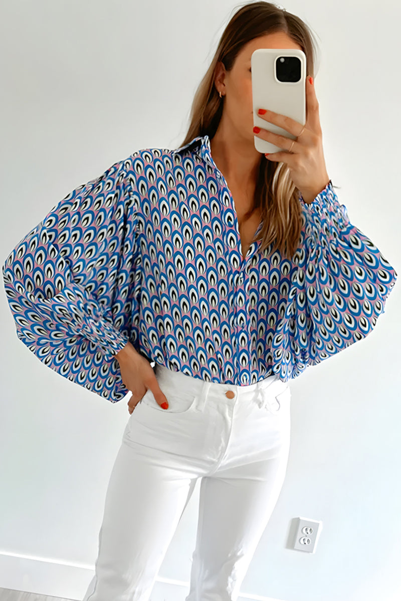 Sky Blue Abstract Print Collared Lantern Sleeve Shirt