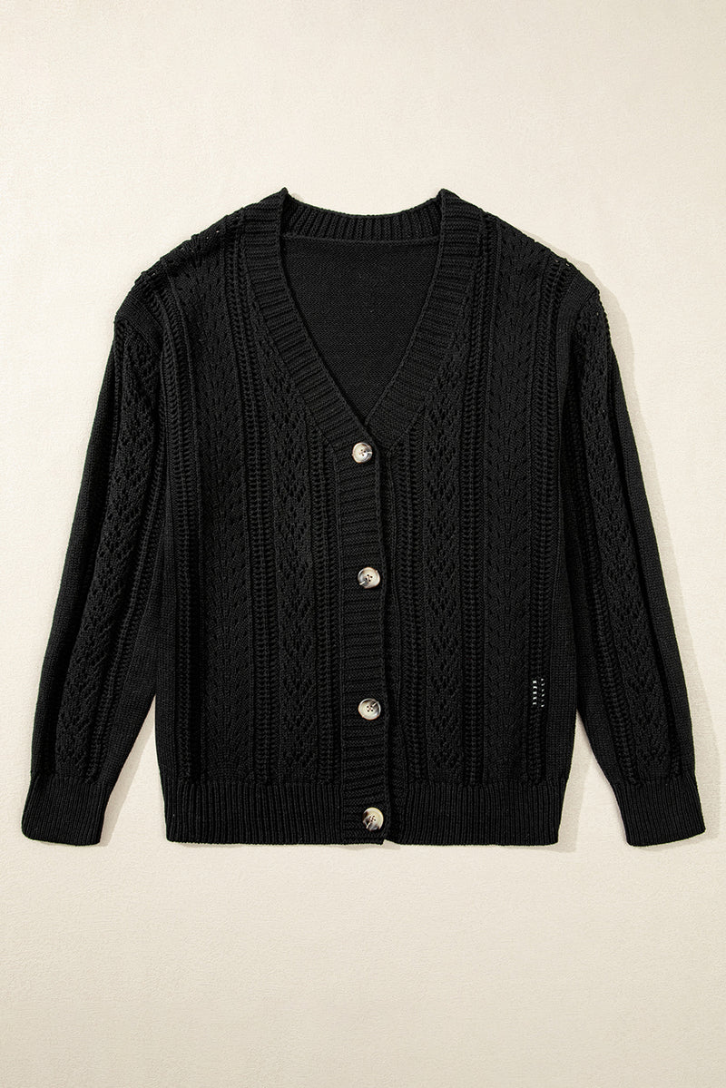 Black Hollow Knit Drop Shoulder Cardigan