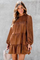 Chestnut Floral Lace Crochet Tiered Ruffle Mini Dress