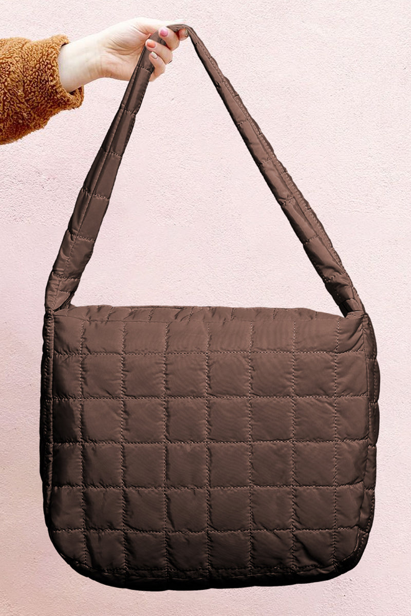 Coffee Casual Quilted Zipper Large Shoulder Bag