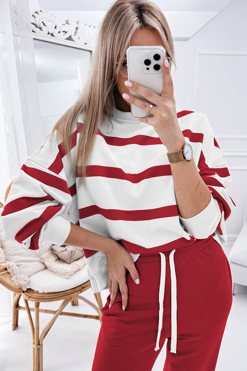 Red Striped Drop Shoulder Pullover and Joggers Set