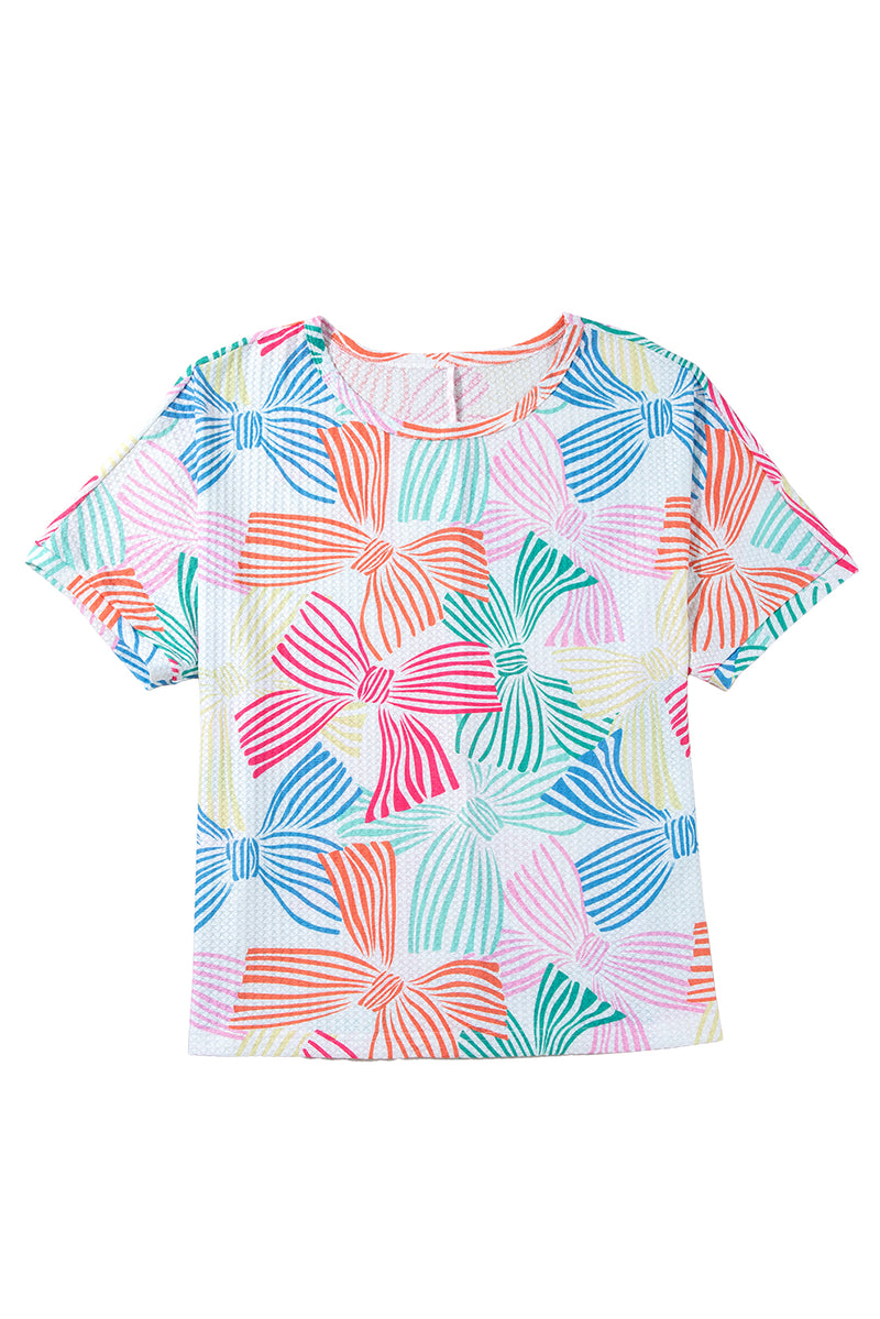 Multicolour Bowknot Print Waffle Loose Tee