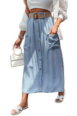 Beau Blue Buttoned Front High Waist Side Pockets Denim Maxi Skirt