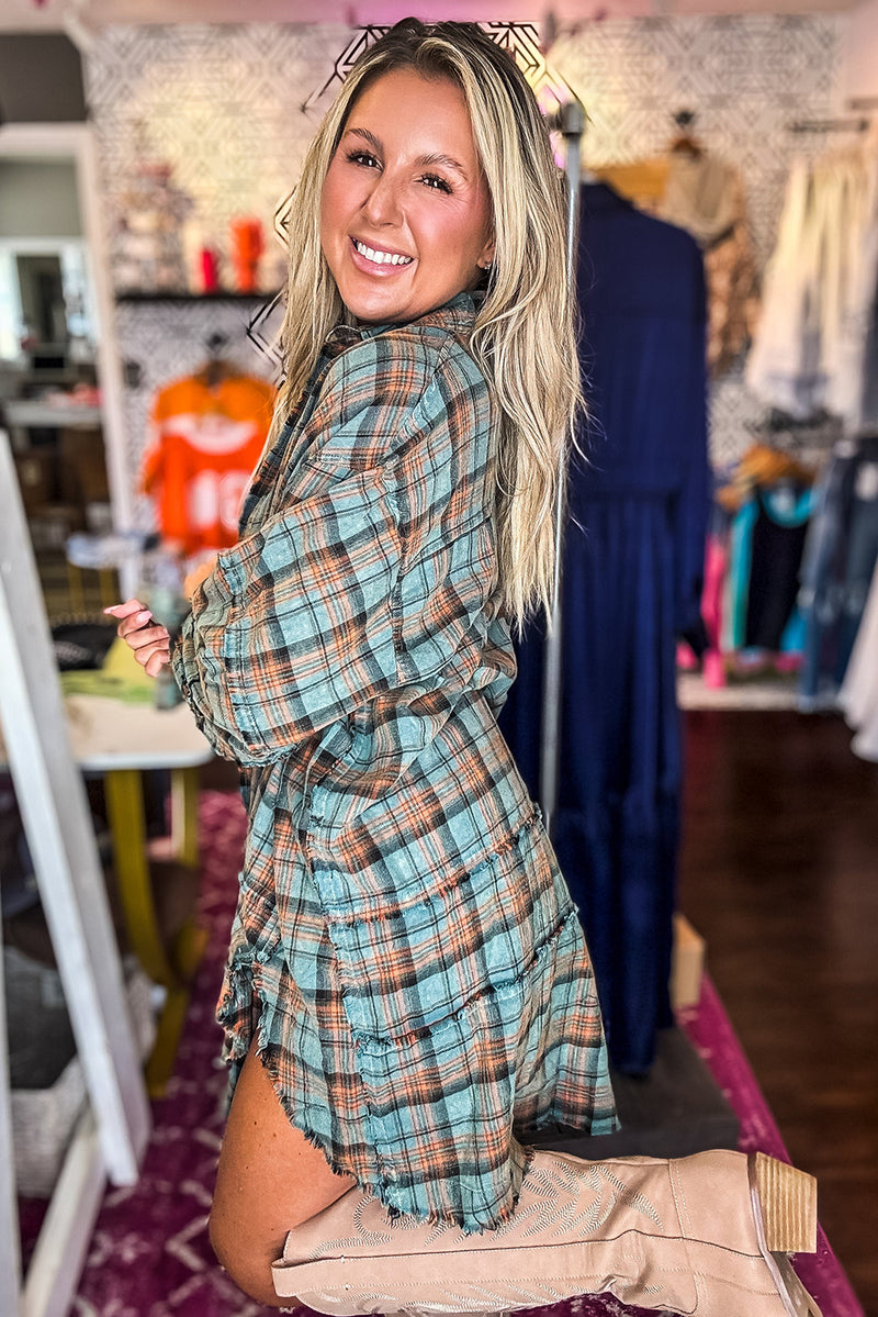 Green Plaid Long Sleeve Distressed Hem Shirt