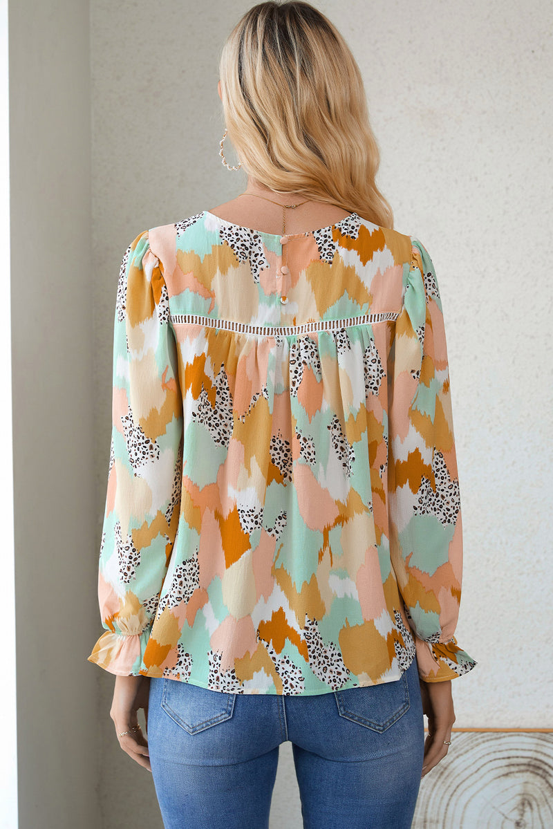 Multicolor Abstract Print Boho Ruffle Puff Sleeve Blouse