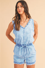 Beau Blue Stud V Neck Sleeveless Raw Hem Denim Romper