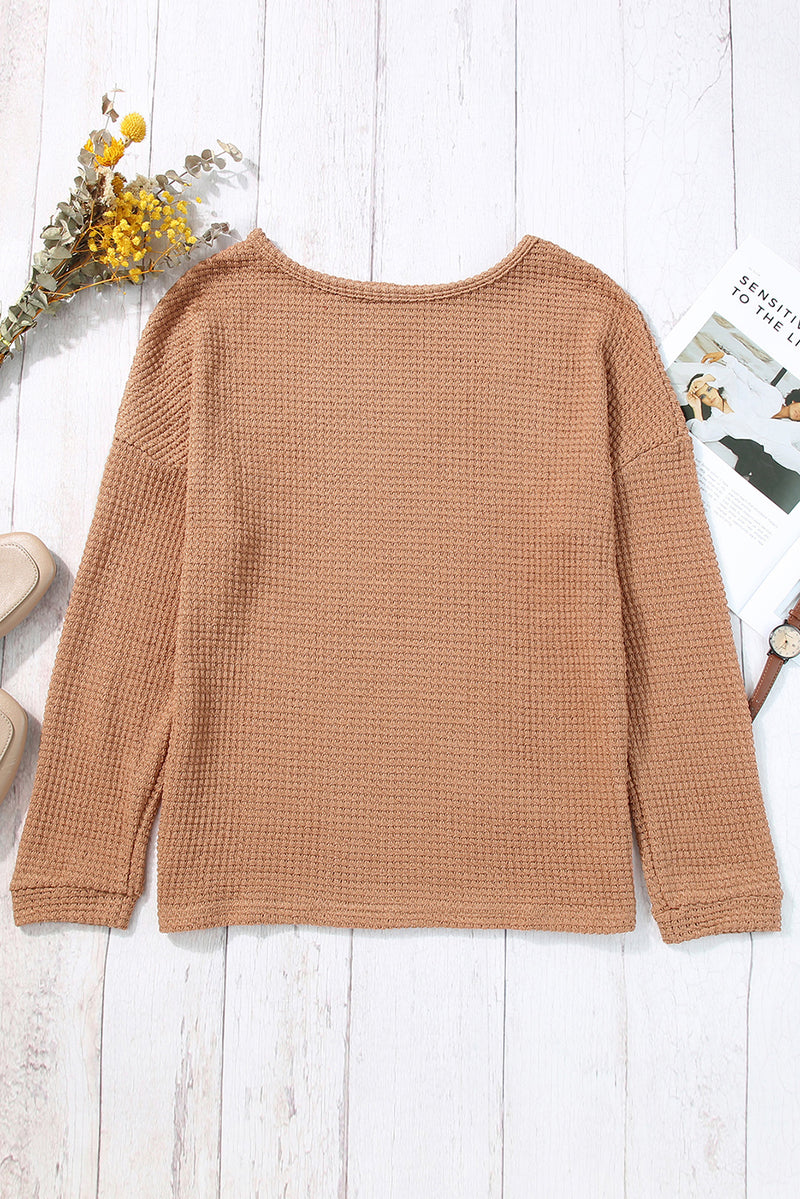 Khaki Waffle Knit Casual Drop Shoulder Long Sleeve Top